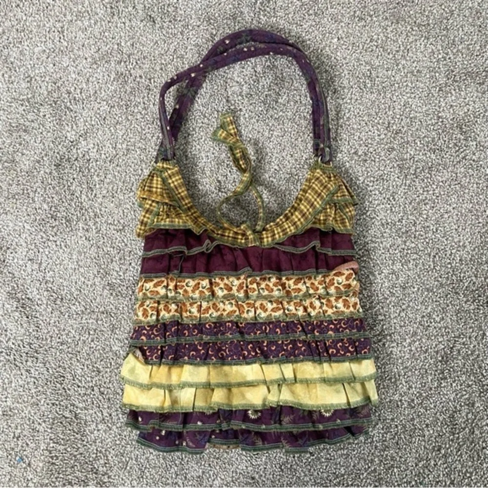 Womens Handmade Ruffle Cottagecore Boho Bag Mix Pattern Quilted Hobo Sack Purse